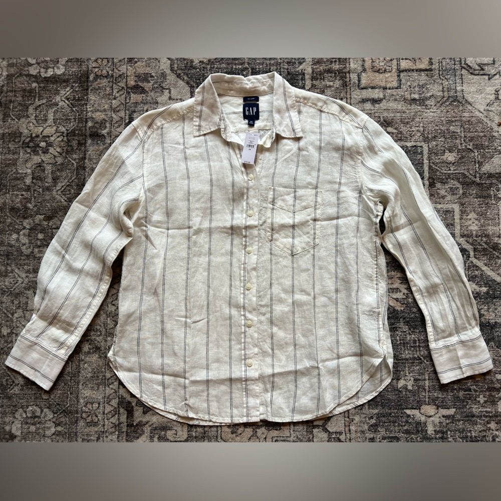 NWT! GAP 100% Linen Cream Striped Button-Up‎ Long Sleeve Shirt Women’s Size XS